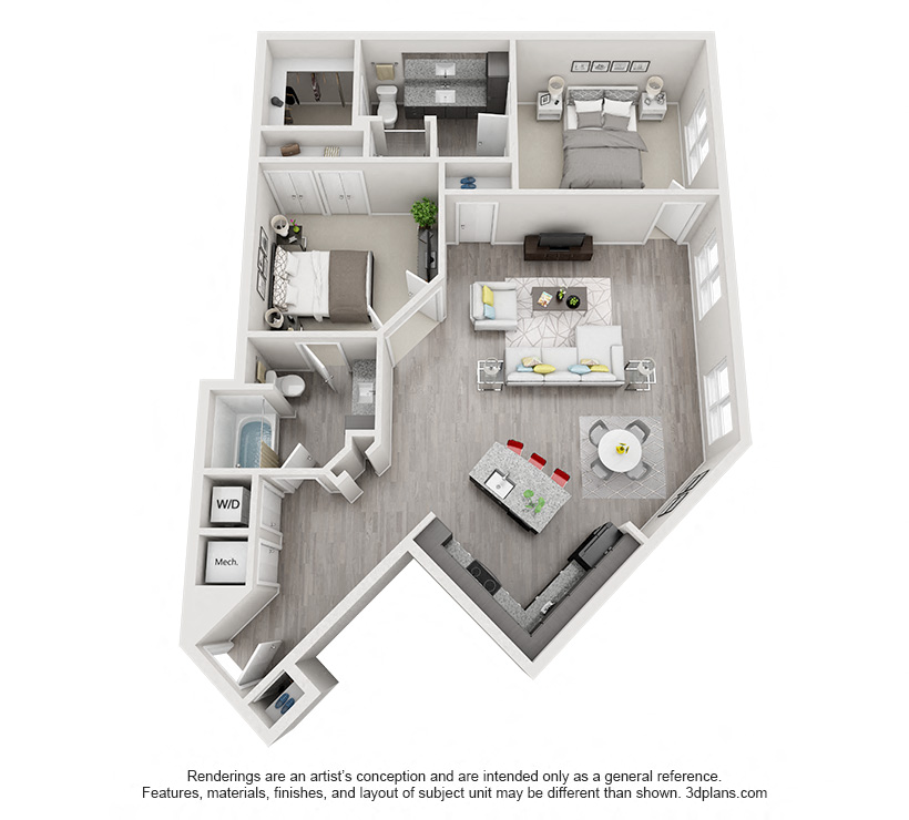 Floor plan for 2 beds, 2 baths, 1260 sqft